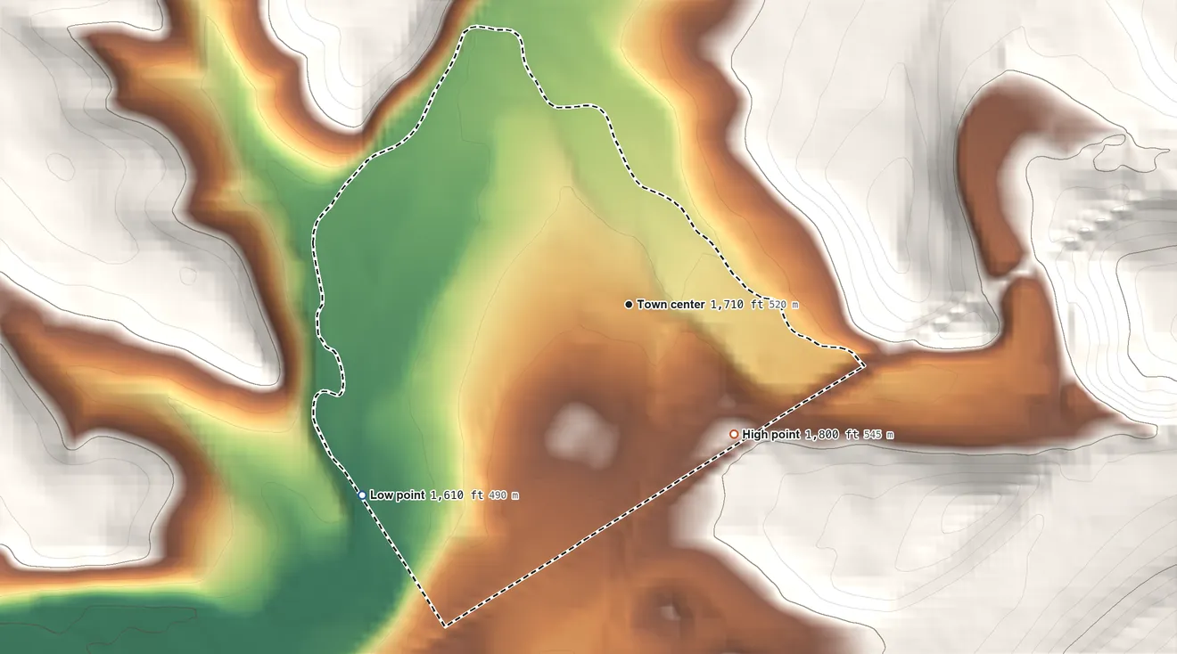 Topographic elevation map of Jamestown, Cambria County, Pennsylvania, shaded from 1,610 ft on the southwest side to 1,800 ft on the southeast edge, below higher ground just outside