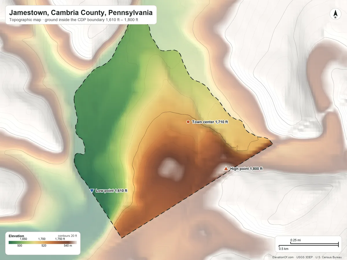 Topographic elevation map of Jamestown, Cambria County, Pennsylvania, shaded from 1,610 ft on the southwest side to 1,800 ft on the southeast edge, below higher ground just outside