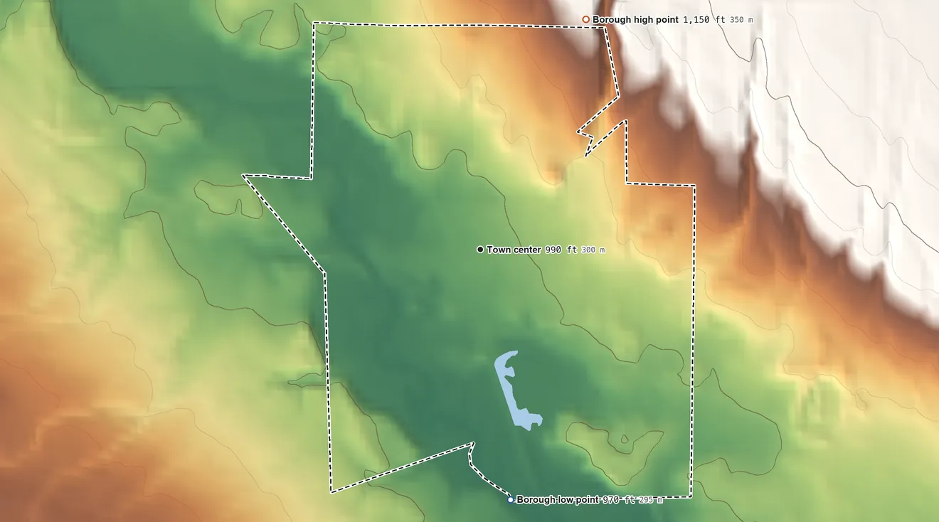 Topographic elevation map of Jamestown, Pennsylvania, shaded from 970 ft on the south side to 1,150 ft on the northeast side