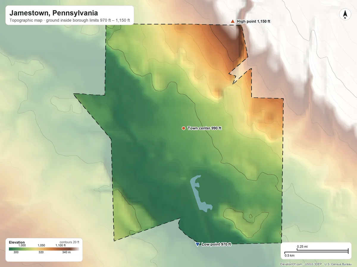 Topographic elevation map of Jamestown, Pennsylvania, shaded from 970 ft on the south side to 1,150 ft on the northeast side