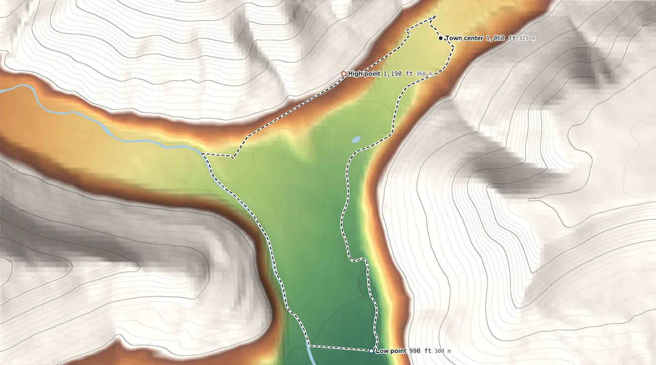 Topographic elevation map of Jamison City, Pennsylvania, shaded from 990 ft on the south side to 1,190 ft on the west edge, below higher ground just outside