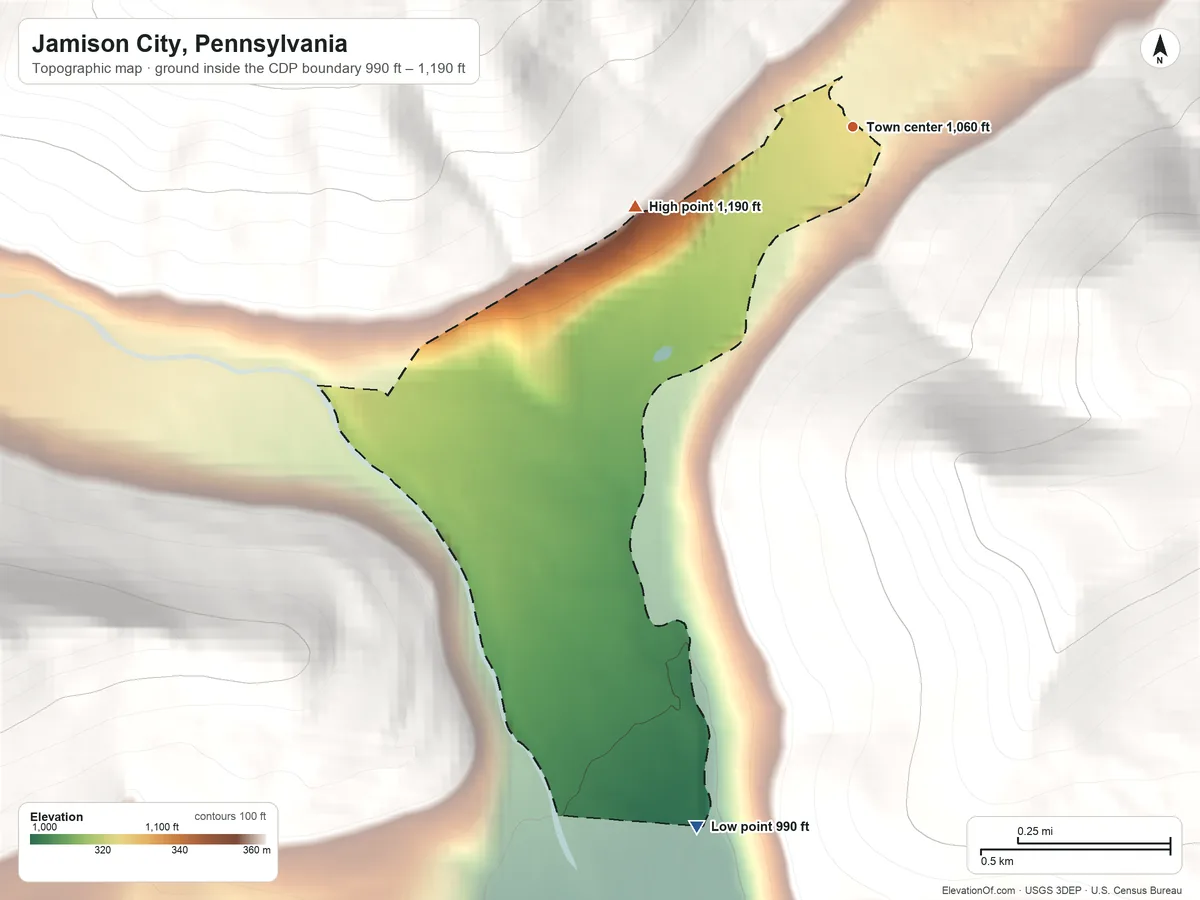 Topographic elevation map of Jamison City, Pennsylvania, shaded from 990 ft on the south side to 1,190 ft on the west edge, below higher ground just outside