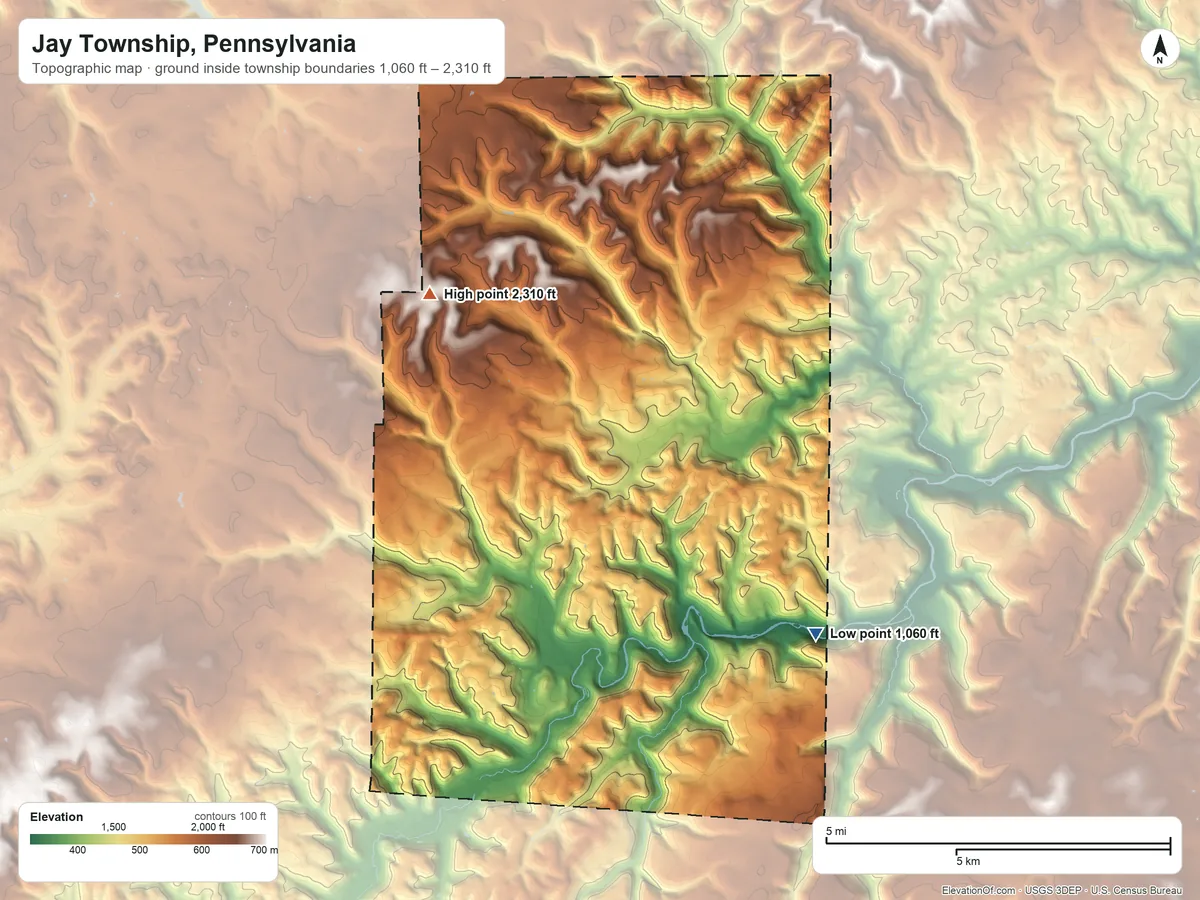 Topographic elevation map of Jay Township, Pennsylvania, shaded from 1,060 ft on the east side to 2,310 ft on Red Hill