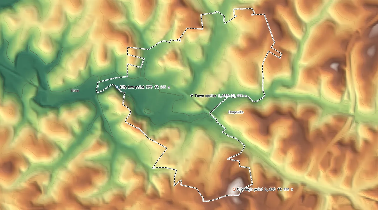 Topographic elevation map of Jeannette, Pennsylvania, shaded from 970 ft on the west side to 1,420 ft on the southeast side
