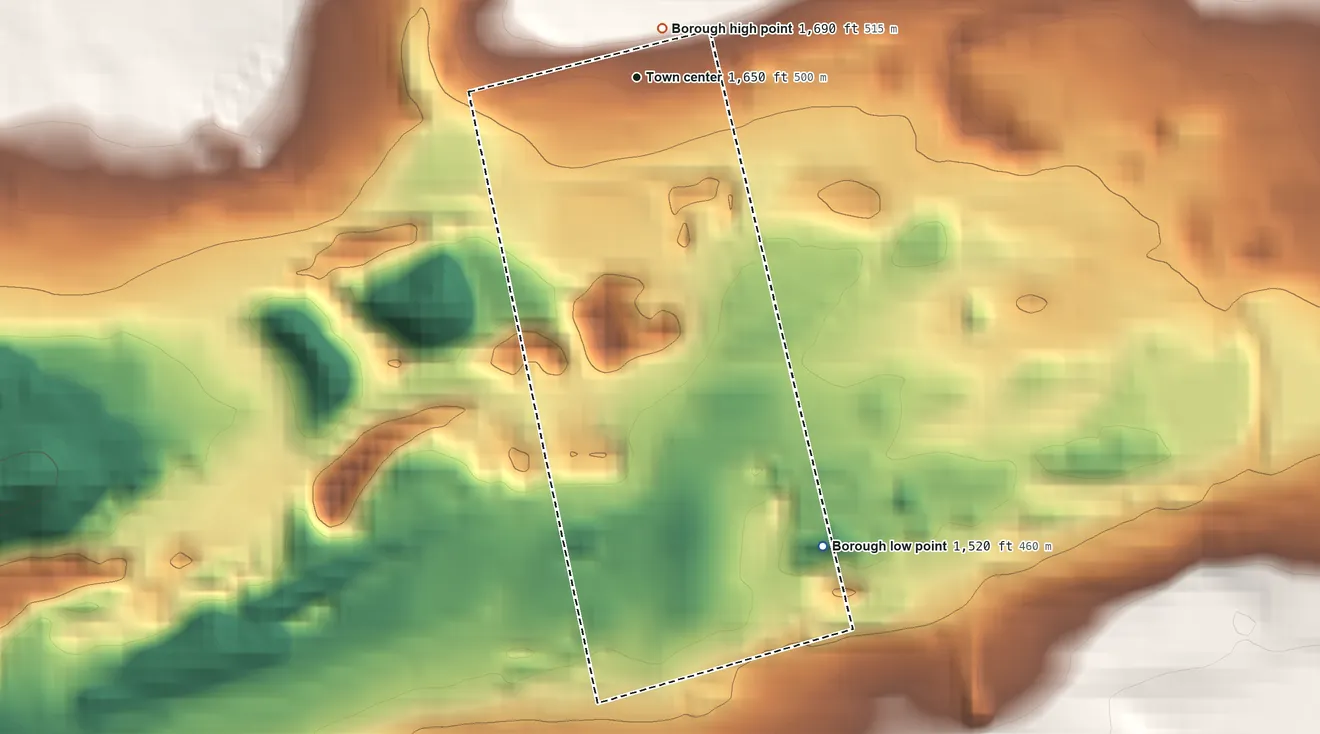 Topographic elevation map of Jeddo, Pennsylvania, shaded from 1,520 ft on the south side to 1,690 ft near the middle