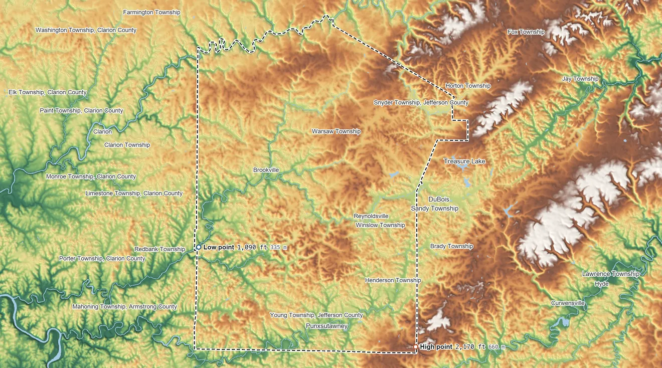Topographic elevation map of Jefferson County, Pennsylvania, shaded from 1,090 ft on the southwest side to 2,170 ft on the southeast side