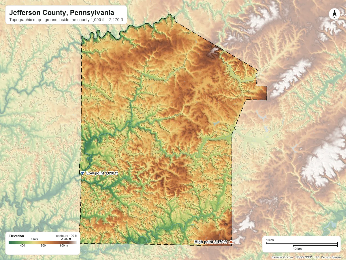Topographic elevation map of Jefferson County, Pennsylvania, shaded from 1,090 ft on the southwest side to 2,170 ft on the southeast side