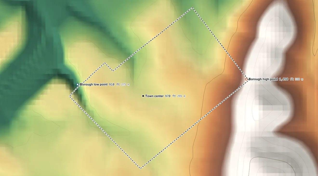 Topographic elevation map of Jefferson, Greene County, Pennsylvania, shaded from 910 ft on the west side to 1,090 ft on the east edge, below higher ground just outside