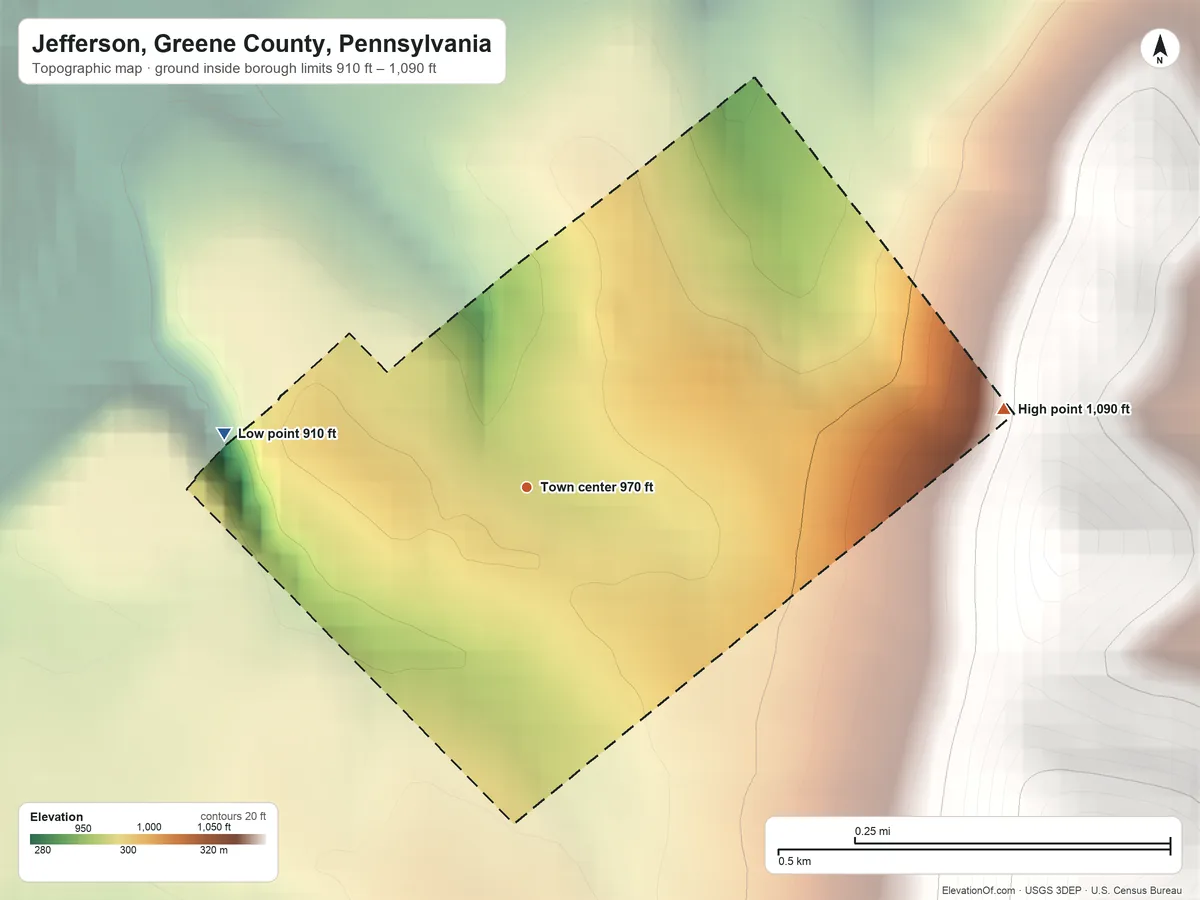 Topographic elevation map of Jefferson, Greene County, Pennsylvania, shaded from 910 ft on the west side to 1,090 ft on the east edge, below higher ground just outside