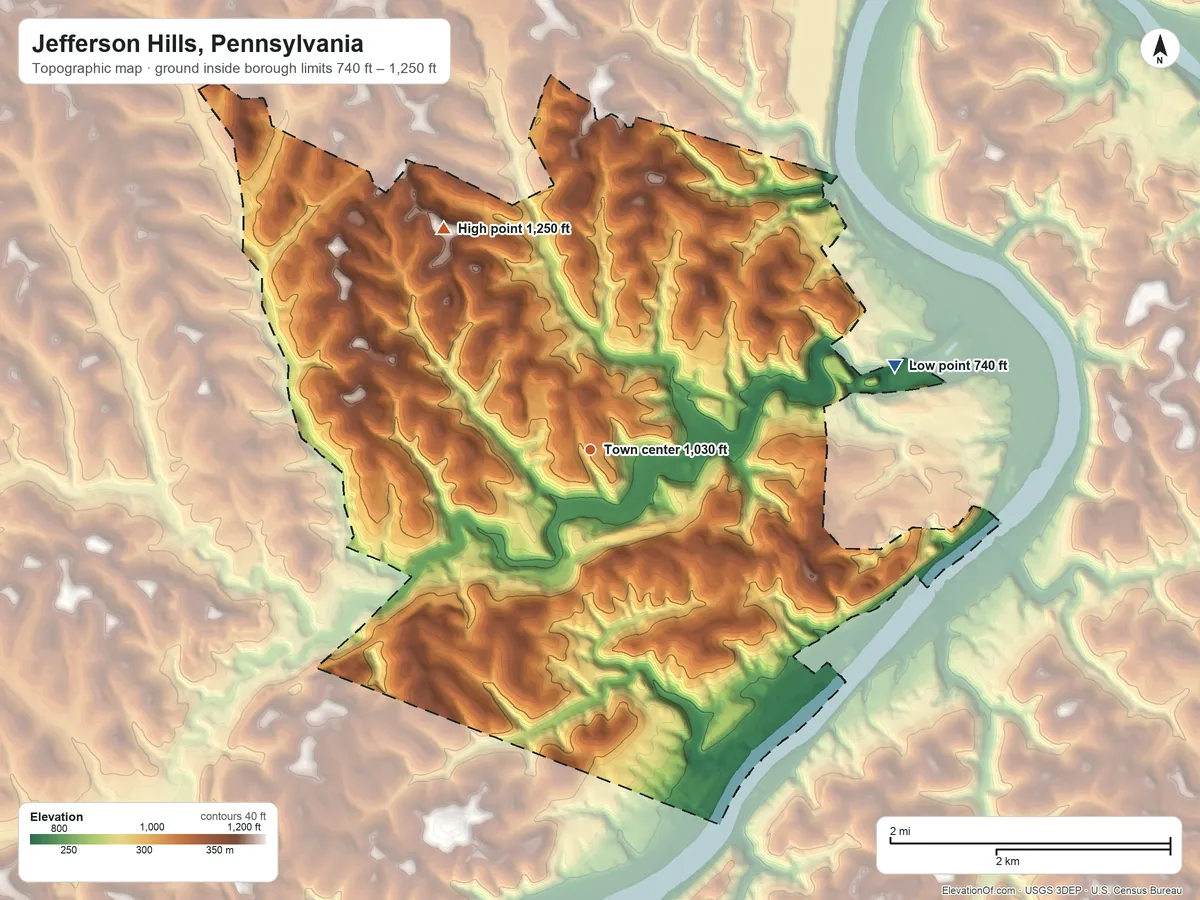 Topographic elevation map of Jefferson Hills, Pennsylvania, shaded from 740 ft on the east side to 1,250 ft on the northwest side