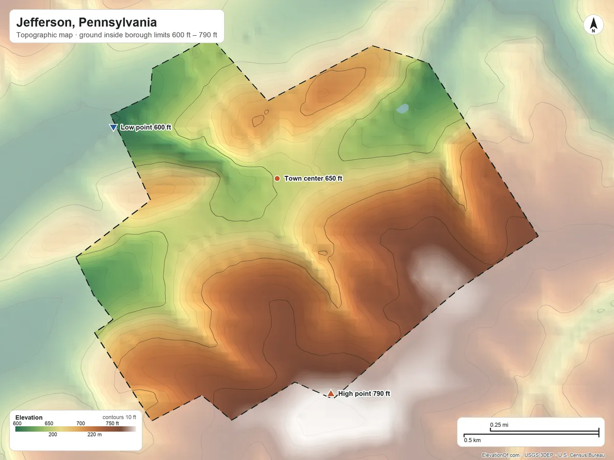 Topographic elevation map of Jefferson, Pennsylvania, shaded from 600 ft on the west side to 790 ft on the south side
