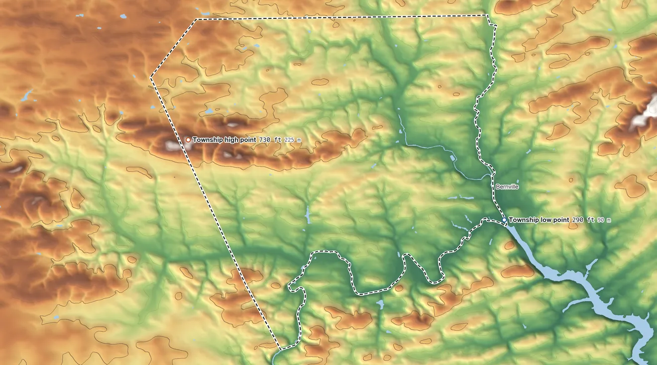 Topographic elevation map of Jefferson Township, Berks County, Pennsylvania, shaded from 290 ft on the southeast side to 730 ft on the west side