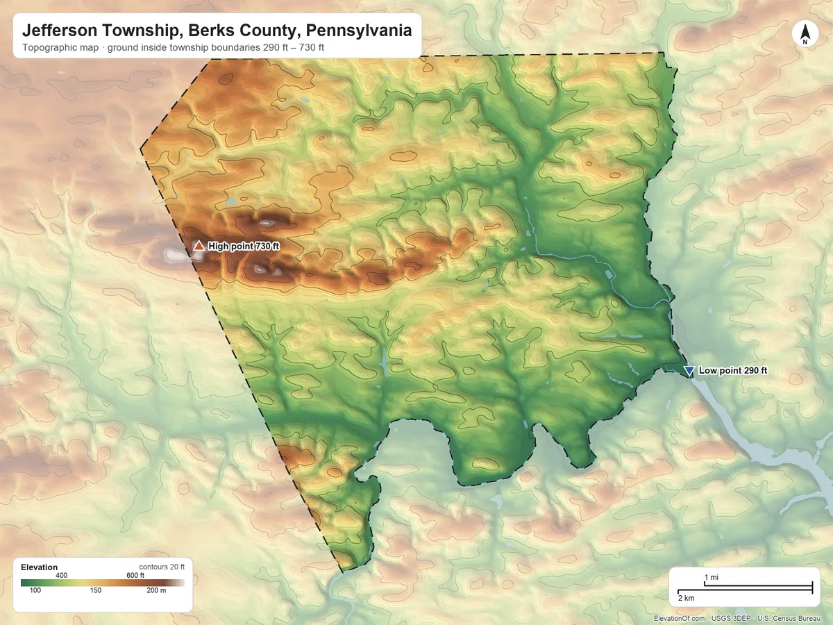 Topographic elevation map of Jefferson Township, Berks County, Pennsylvania, shaded from 290 ft on the southeast side to 730 ft on the west side