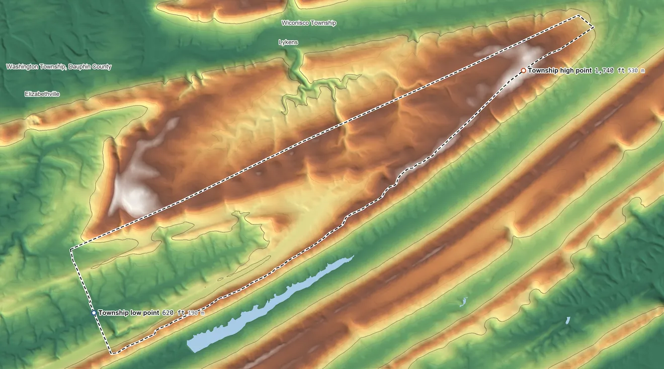 Topographic elevation map of Jefferson Township, Dauphin County, Pennsylvania, shaded from 620 ft on the southwest side to 1,740 ft on the northeast side