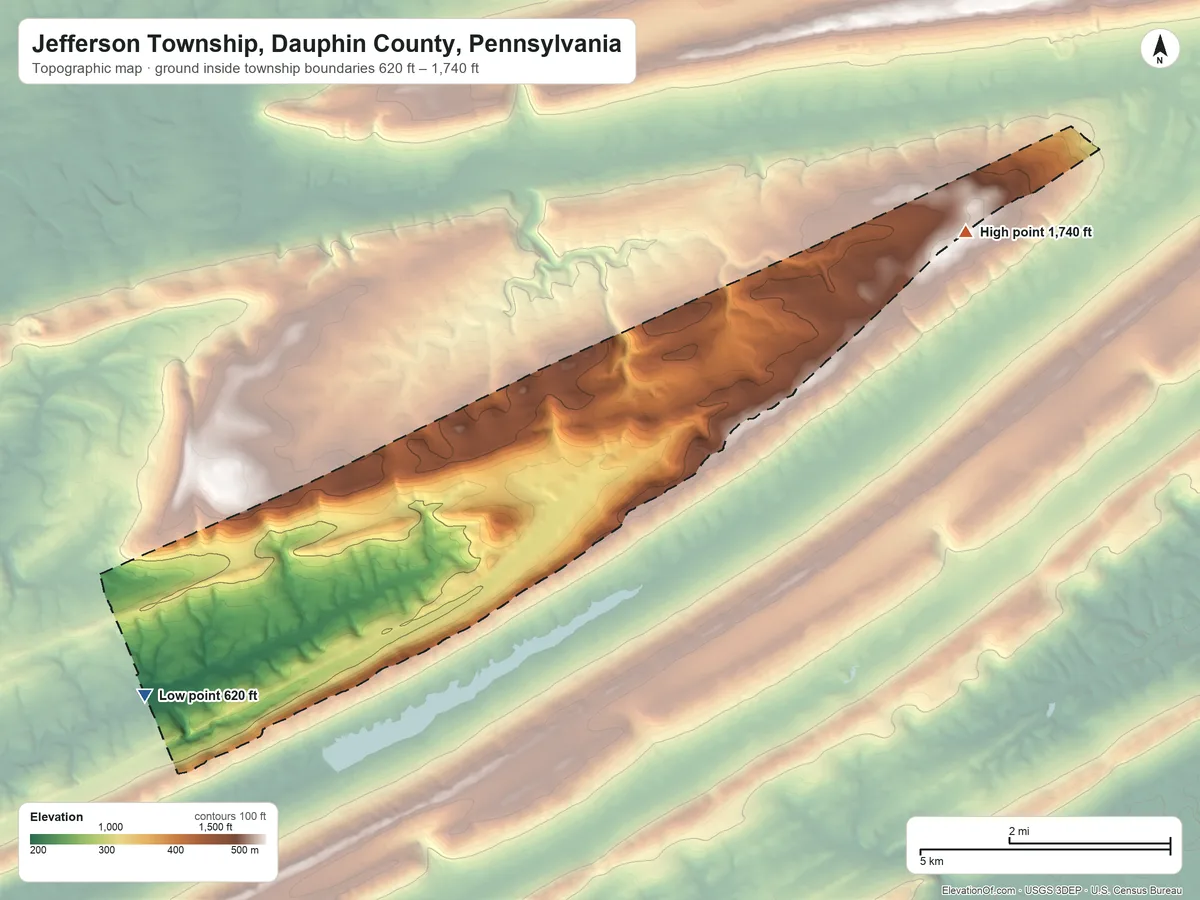 Topographic elevation map of Jefferson Township, Dauphin County, Pennsylvania, shaded from 620 ft on the southwest side to 1,740 ft on the northeast side