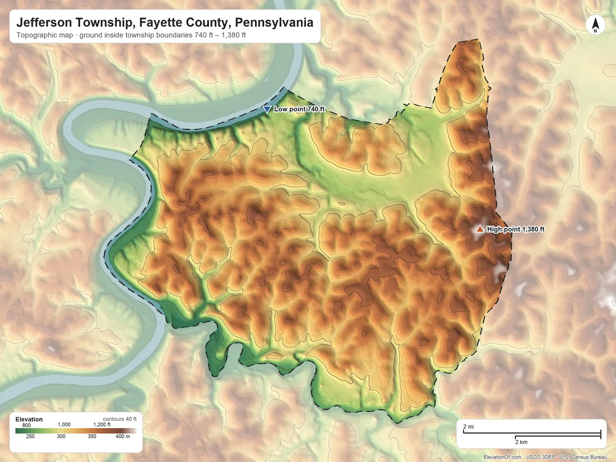 Topographic elevation map of Jefferson Township, Fayette County, Pennsylvania, shaded from 740 ft on the northwest side to 1,380 ft on the east side