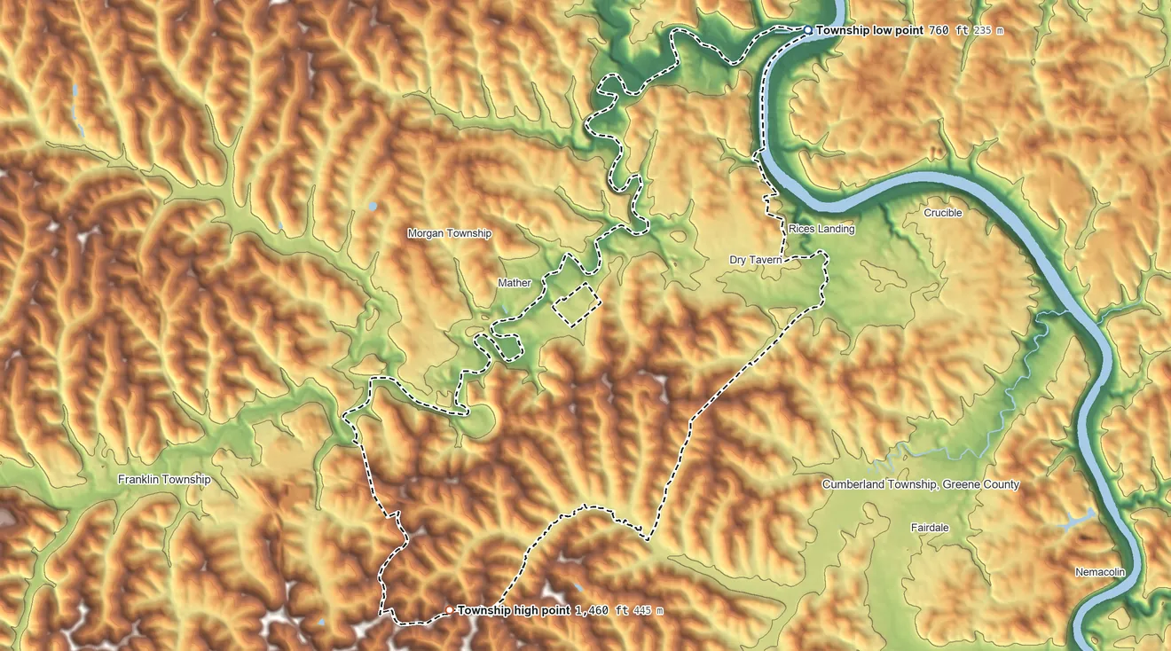 Topographic elevation map of Jefferson Township, Greene County, Pennsylvania, shaded from 760 ft on the northeast side to 1,460 ft on the southwest side