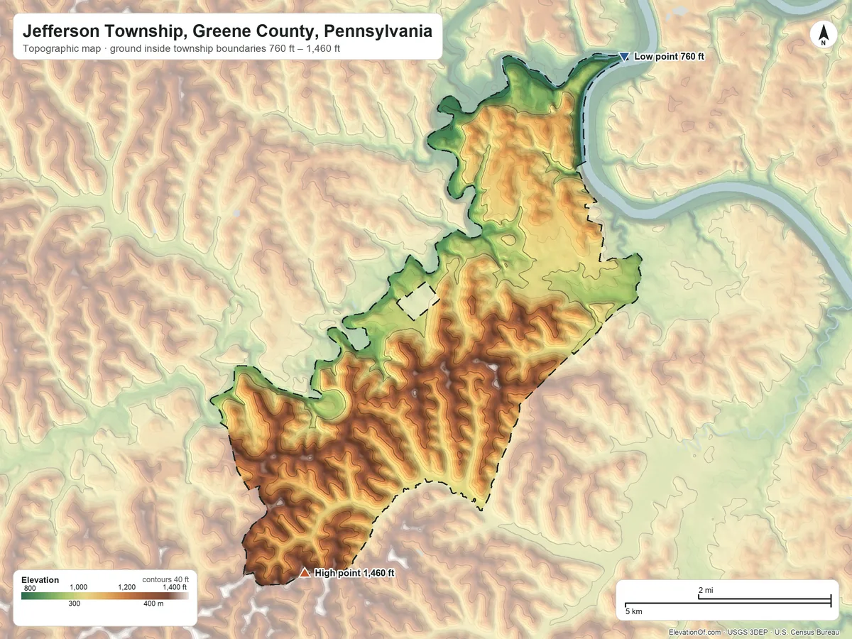 Topographic elevation map of Jefferson Township, Greene County, Pennsylvania, shaded from 760 ft on the northeast side to 1,460 ft on the southwest side