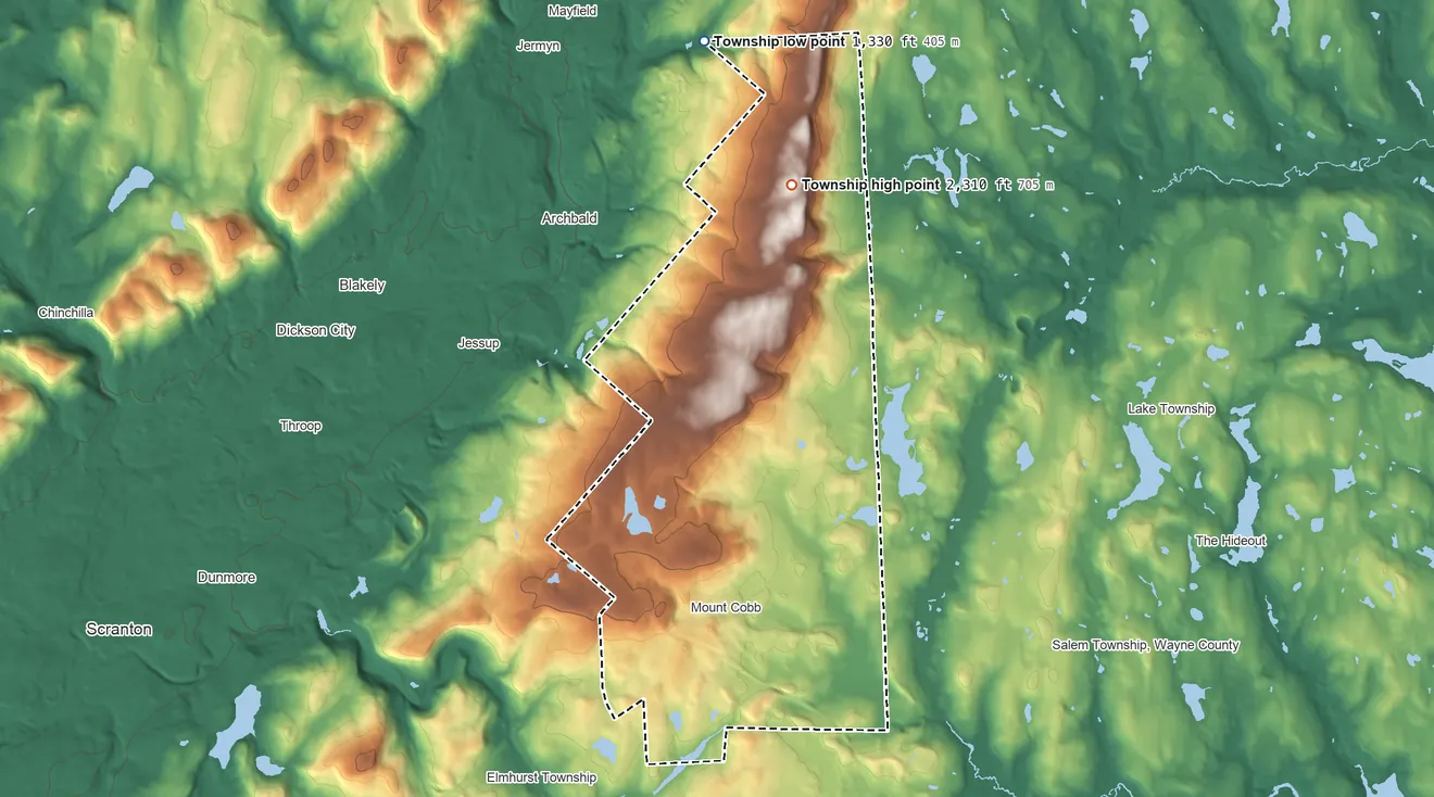 Topographic elevation map of Jefferson Township, Lackawanna County, Pennsylvania, shaded from 1,330 ft on the north side to 2,310 ft on the north side