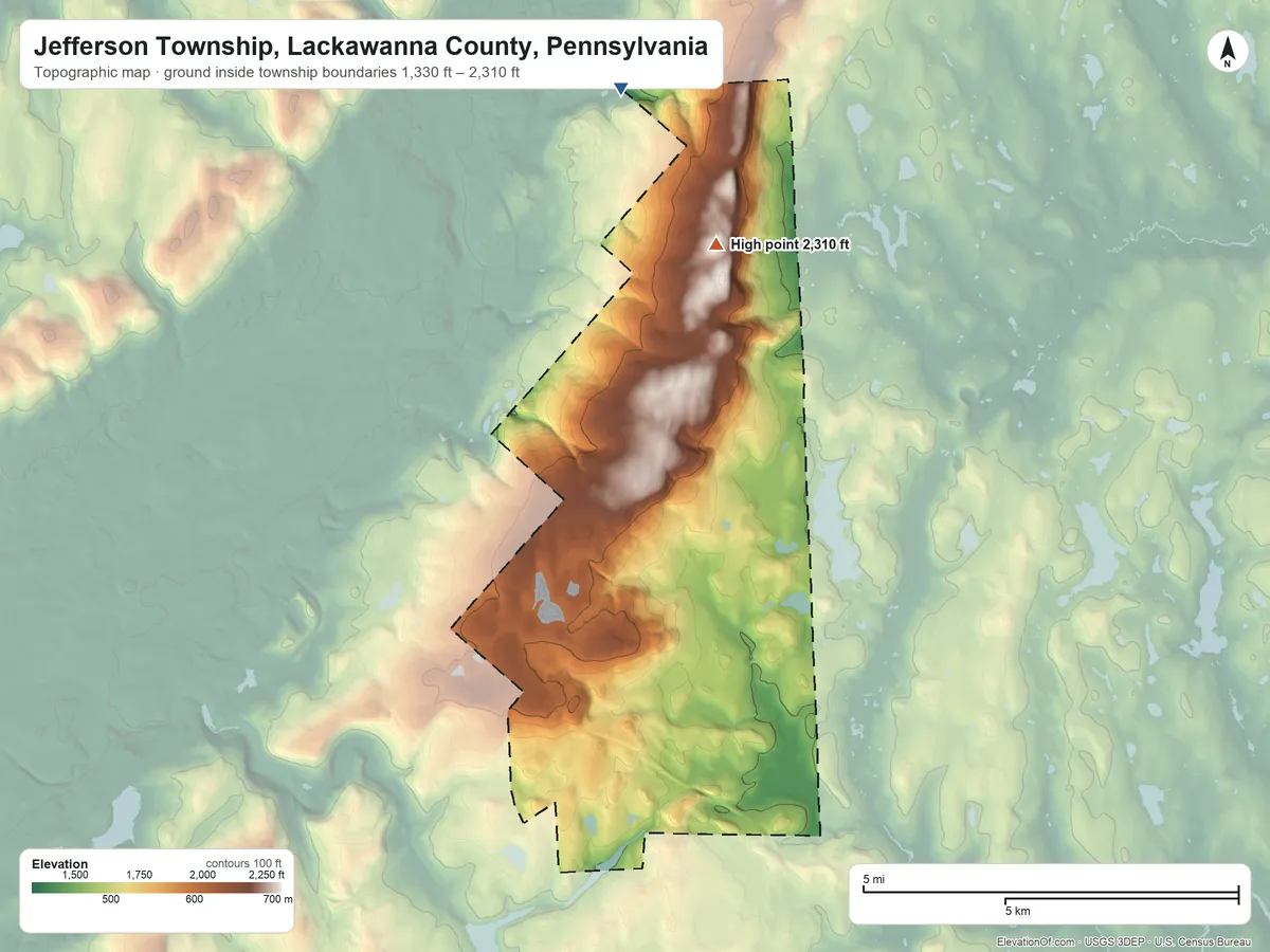 Topographic elevation map of Jefferson Township, Lackawanna County, Pennsylvania, shaded from 1,330 ft on the north side to 2,310 ft on the north side