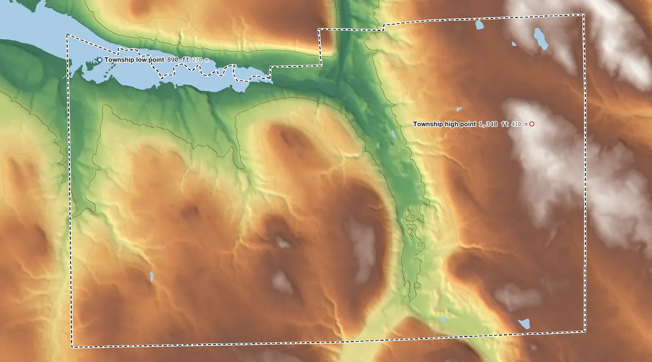 Topographic elevation map of Jefferson Township, Mercer County, Pennsylvania, shaded from 890 ft on the northwest side to 1,340 ft on the east side