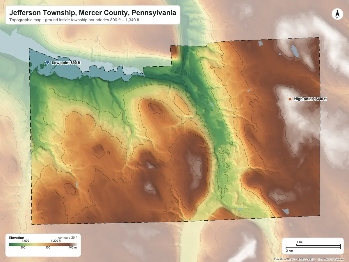 Topographic elevation map of Jefferson Township, Mercer County, Pennsylvania, shaded from 890 ft on the northwest side to 1,340 ft on the east side