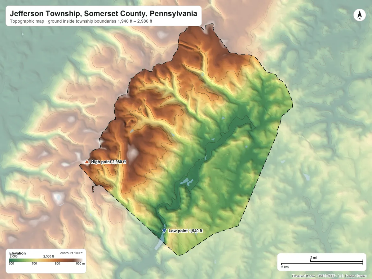 Topographic elevation map of Jefferson Township, Somerset County, Pennsylvania, shaded from 1,940 ft on the south side to 2,980 ft on the west side
