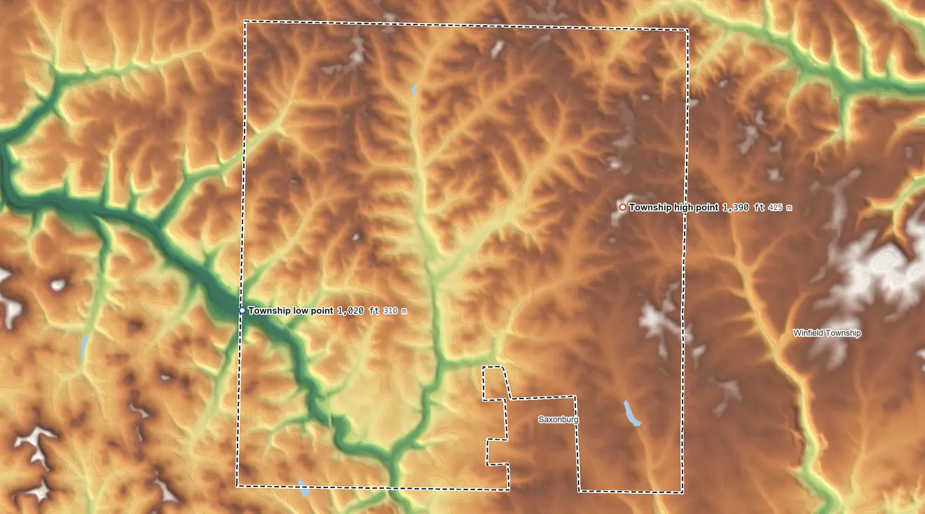 Topographic elevation map of Jefferson Township, Pennsylvania, shaded from 1,020 ft on the west side to 1,390 ft on the east side
