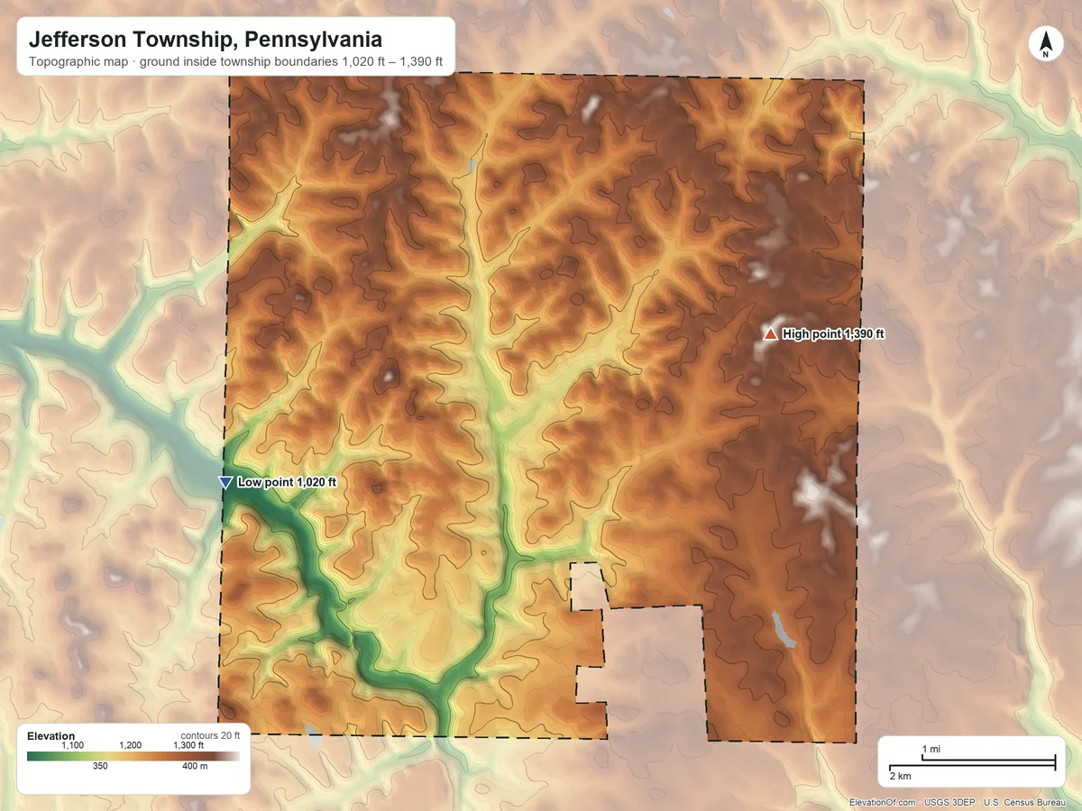 Topographic elevation map of Jefferson Township, Pennsylvania, shaded from 1,020 ft on the west side to 1,390 ft on the east side