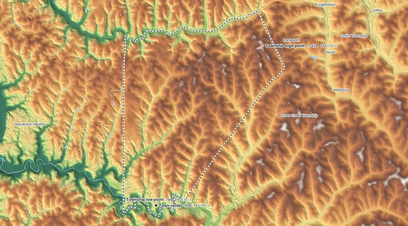 Topographic elevation map of Jefferson Township, Washington County, Pennsylvania, shaded from 760 ft on the west side to 1,410 ft on the northeast side