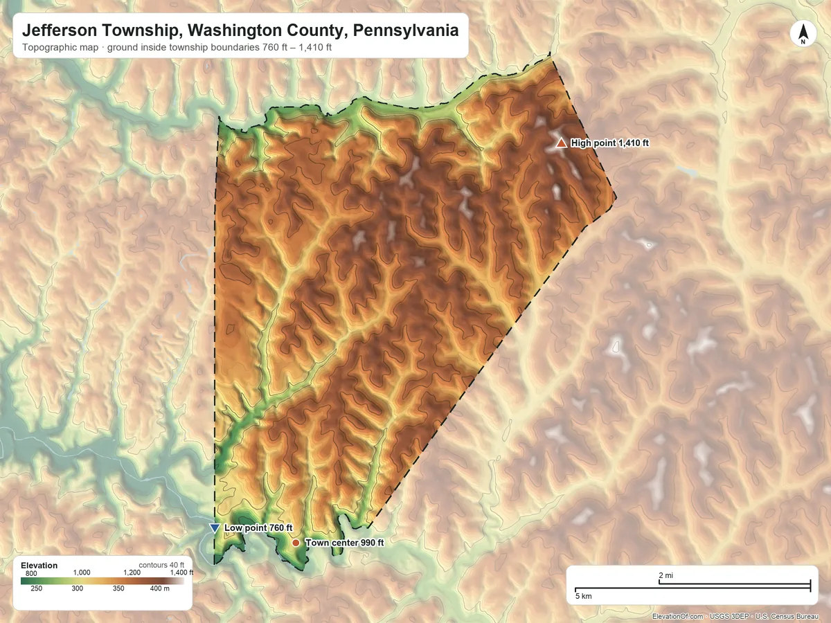 Topographic elevation map of Jefferson Township, Washington County, Pennsylvania, shaded from 760 ft on the west side to 1,410 ft on the northeast side