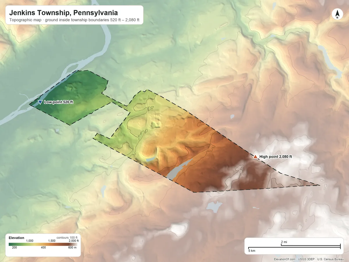 Topographic elevation map of Jenkins Township, Pennsylvania, shaded from 520 ft on the west side to 2,080 ft on the east side