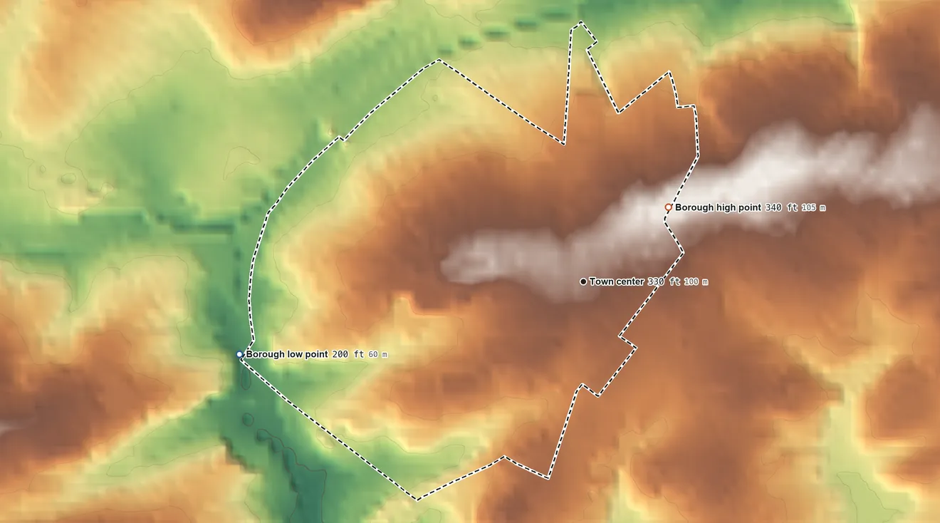 Topographic elevation map of Jenkintown, Pennsylvania, shaded from 200 ft on the west side to 340 ft on the northeast side