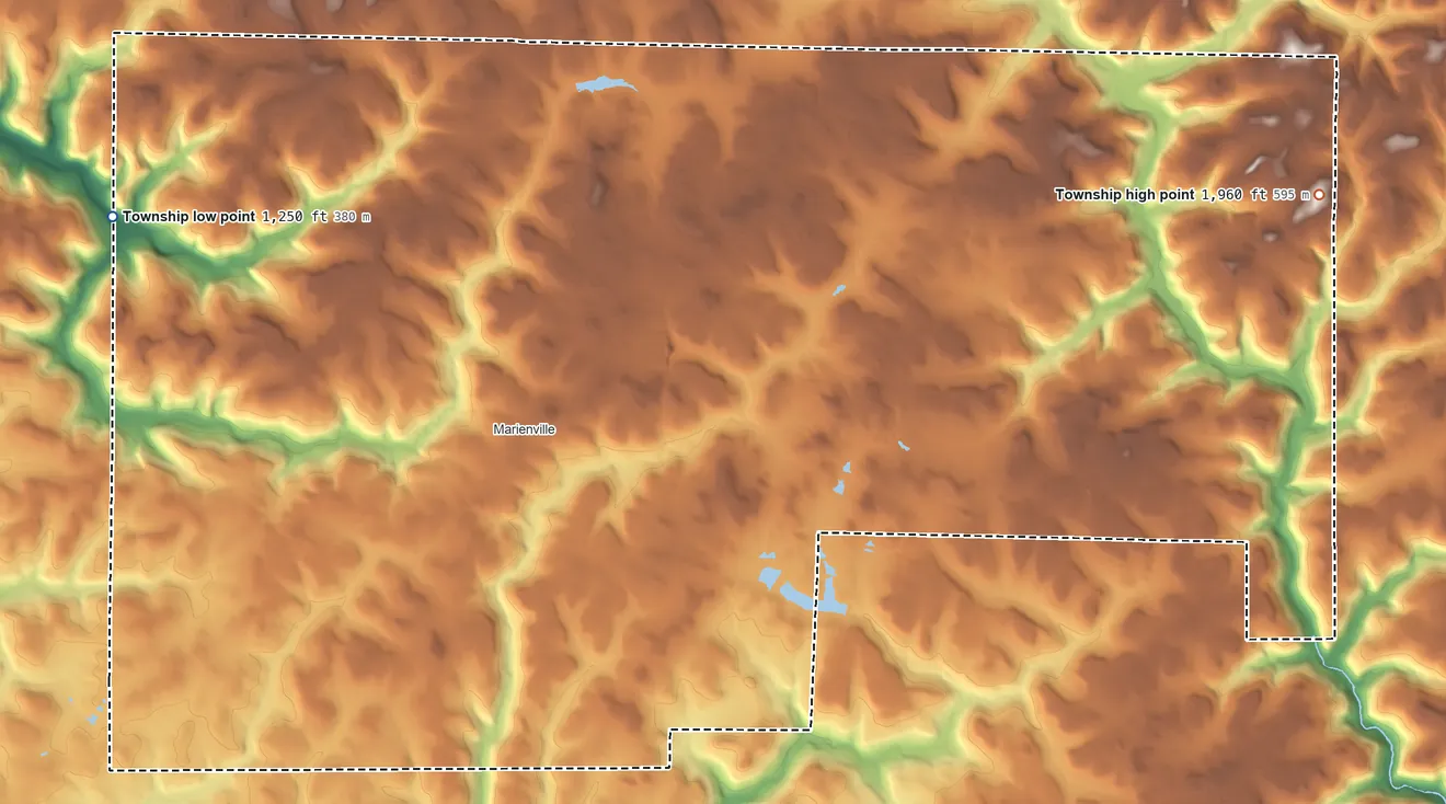 Topographic elevation map of Jenks Township, Pennsylvania, shaded from 1,250 ft on the west side to 1,960 ft on the east side