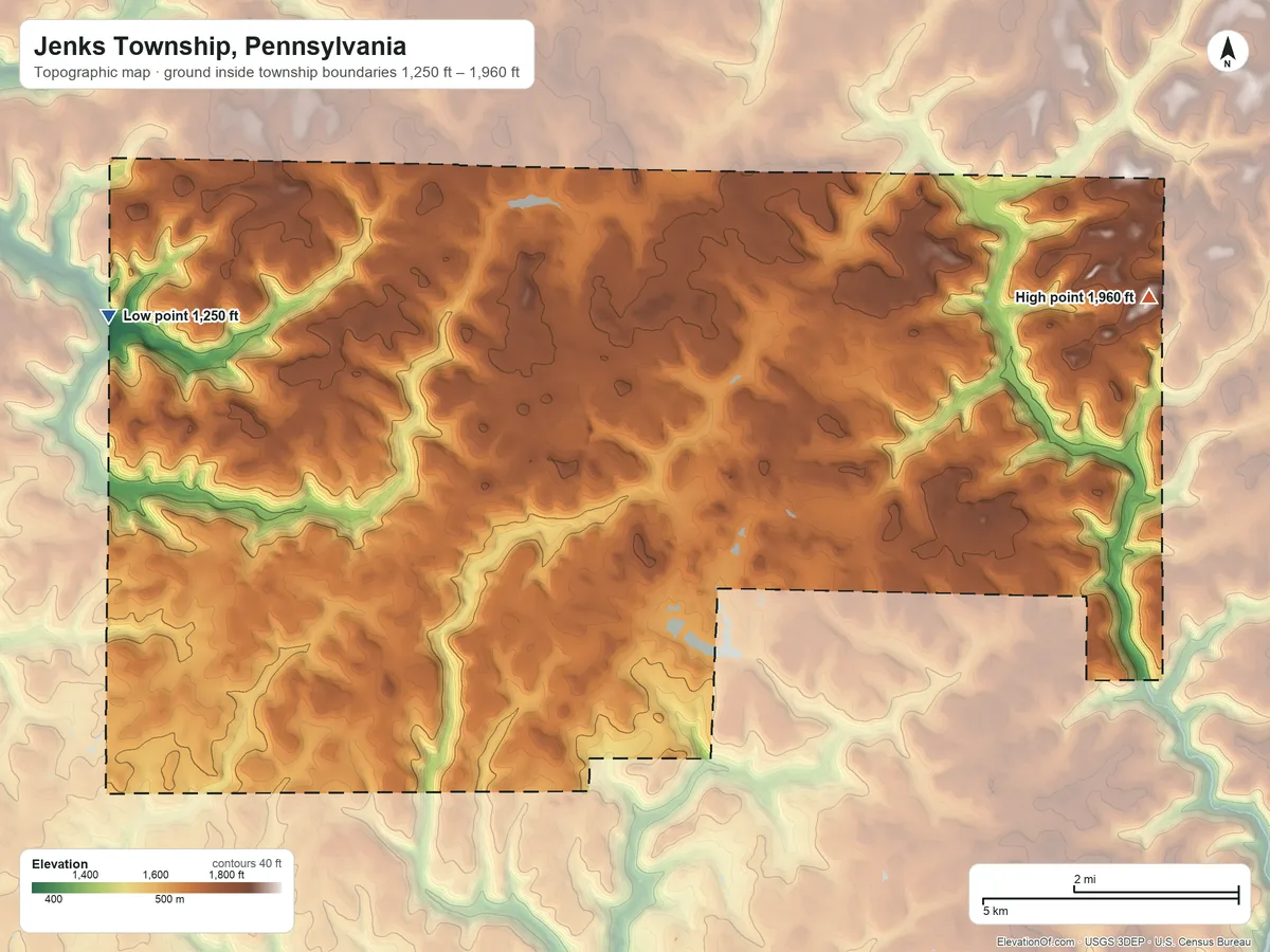 Topographic elevation map of Jenks Township, Pennsylvania, shaded from 1,250 ft on the west side to 1,960 ft on the east side