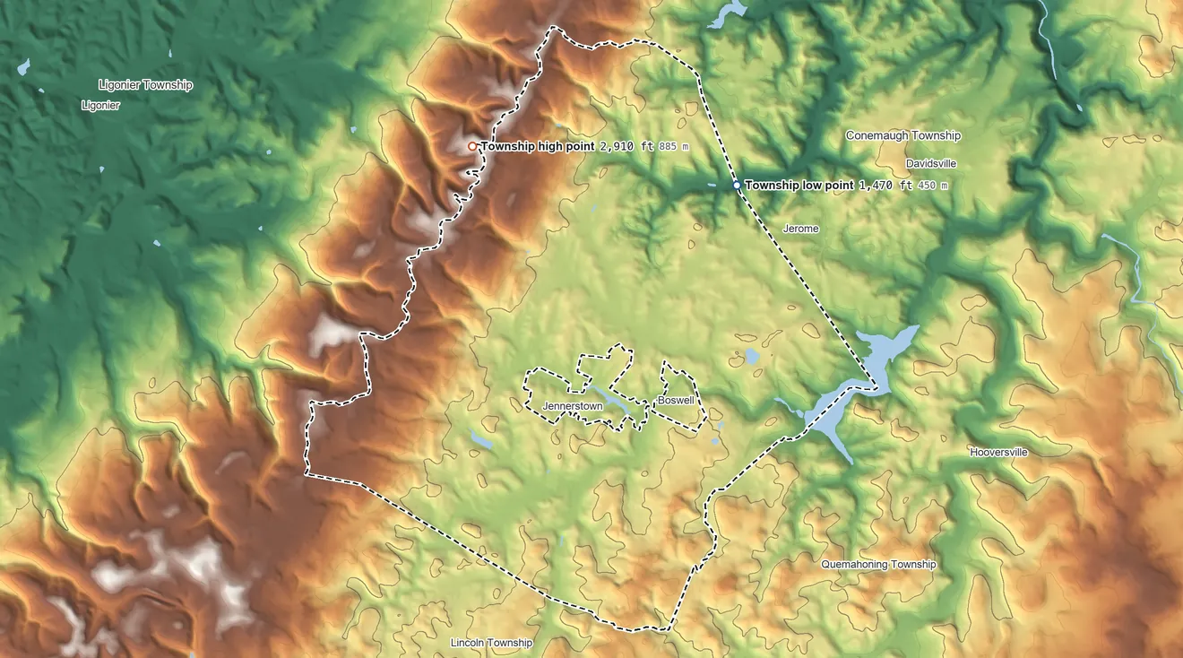 Topographic elevation map of Jenner Township, Pennsylvania, shaded from 1,470 ft on the northeast side to 2,910 ft on Sugar Camp Hill
