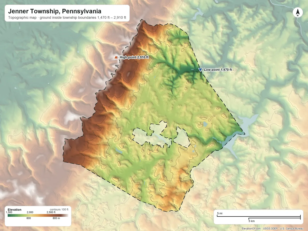 Topographic elevation map of Jenner Township, Pennsylvania, shaded from 1,470 ft on the northeast side to 2,910 ft on Sugar Camp Hill