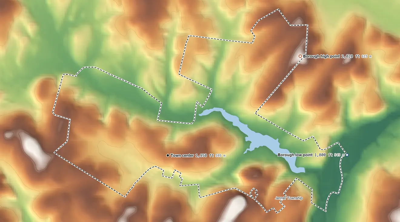 Topographic elevation map of Jennerstown, Pennsylvania, shaded from 1,800 ft on the east side to 2,020 ft on the northeast side