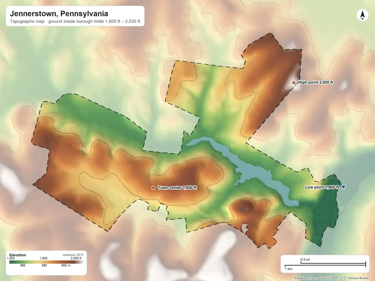 Topographic elevation map of Jennerstown, Pennsylvania, shaded from 1,800 ft on the east side to 2,020 ft on the northeast side