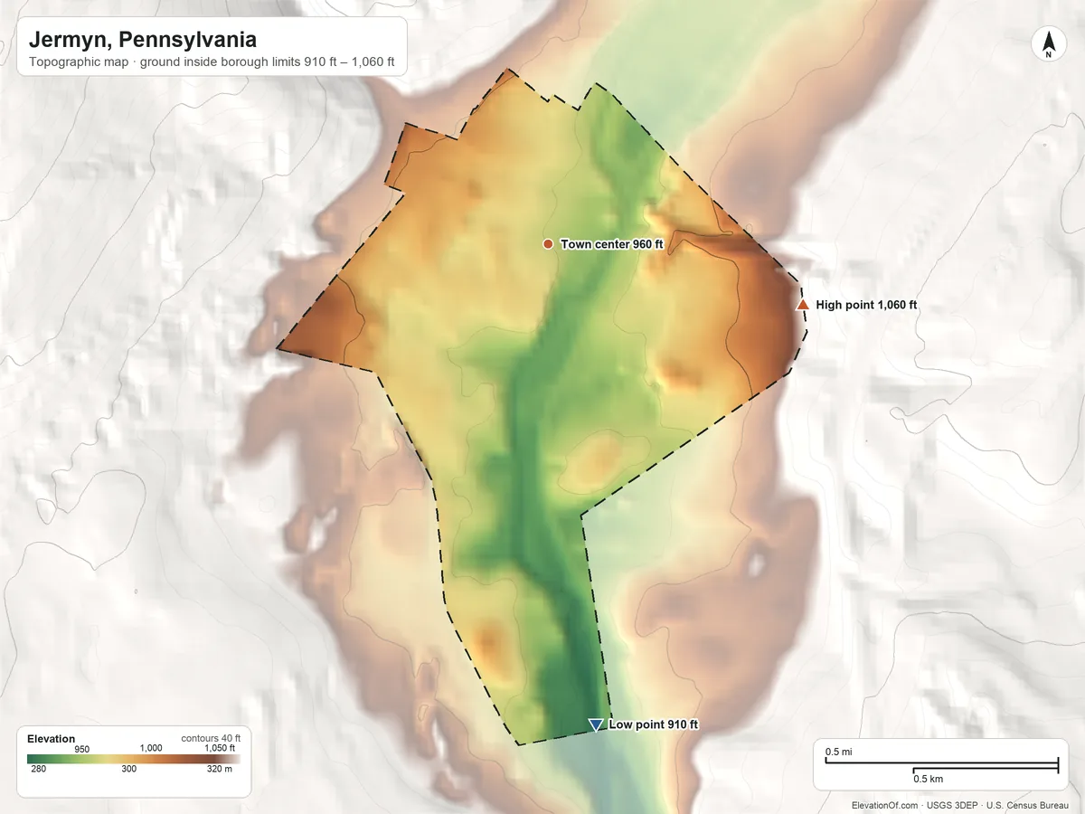 Topographic elevation map of Jermyn, Pennsylvania, shaded from 910 ft on the south side to 1,060 ft at the foot of the Moosic Mountains