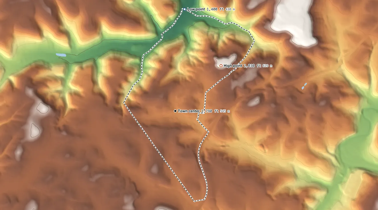 Topographic elevation map of Jerome, Pennsylvania, shaded from 1,400 ft on the north side to 2,030 ft on the northeast side