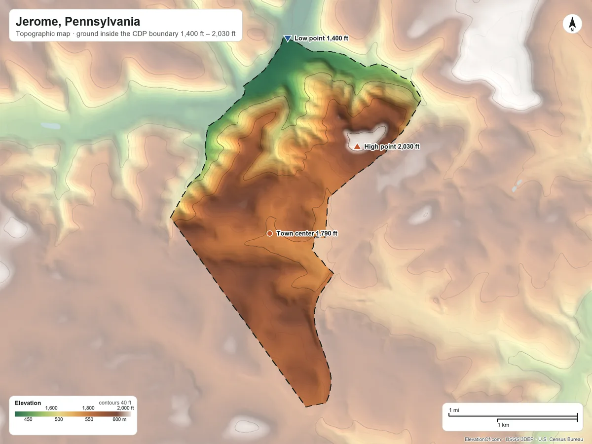Topographic elevation map of Jerome, Pennsylvania, shaded from 1,400 ft on the north side to 2,030 ft on the northeast side