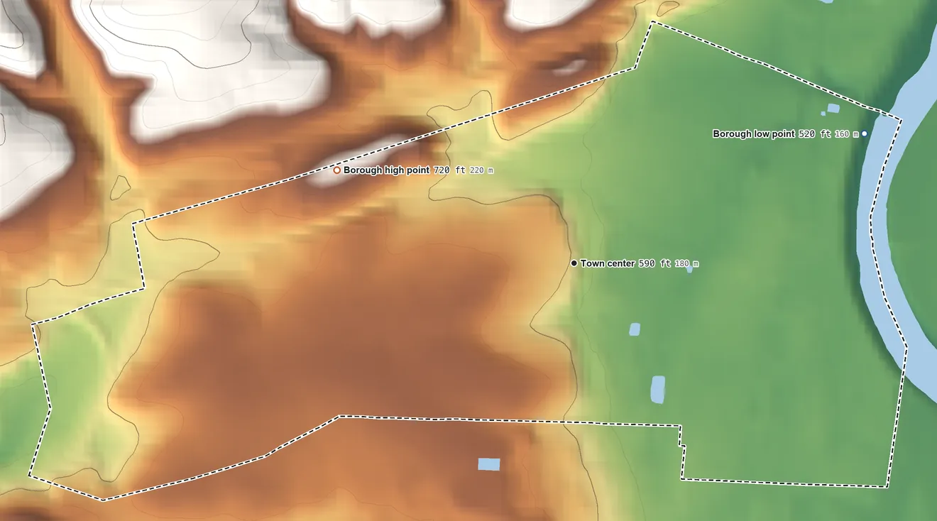 Topographic elevation map of Jersey Shore, Pennsylvania, shaded from 520 ft on the northeast side to 720 ft on the west edge, below higher ground just outside