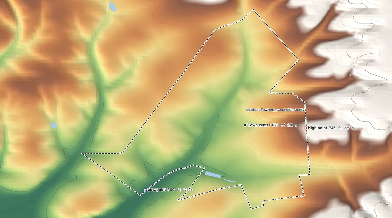 Topographic elevation map of Jerseytown, Pennsylvania, shaded from 580 ft on the southwest side to 740 ft at the foot of the Muncy Hills