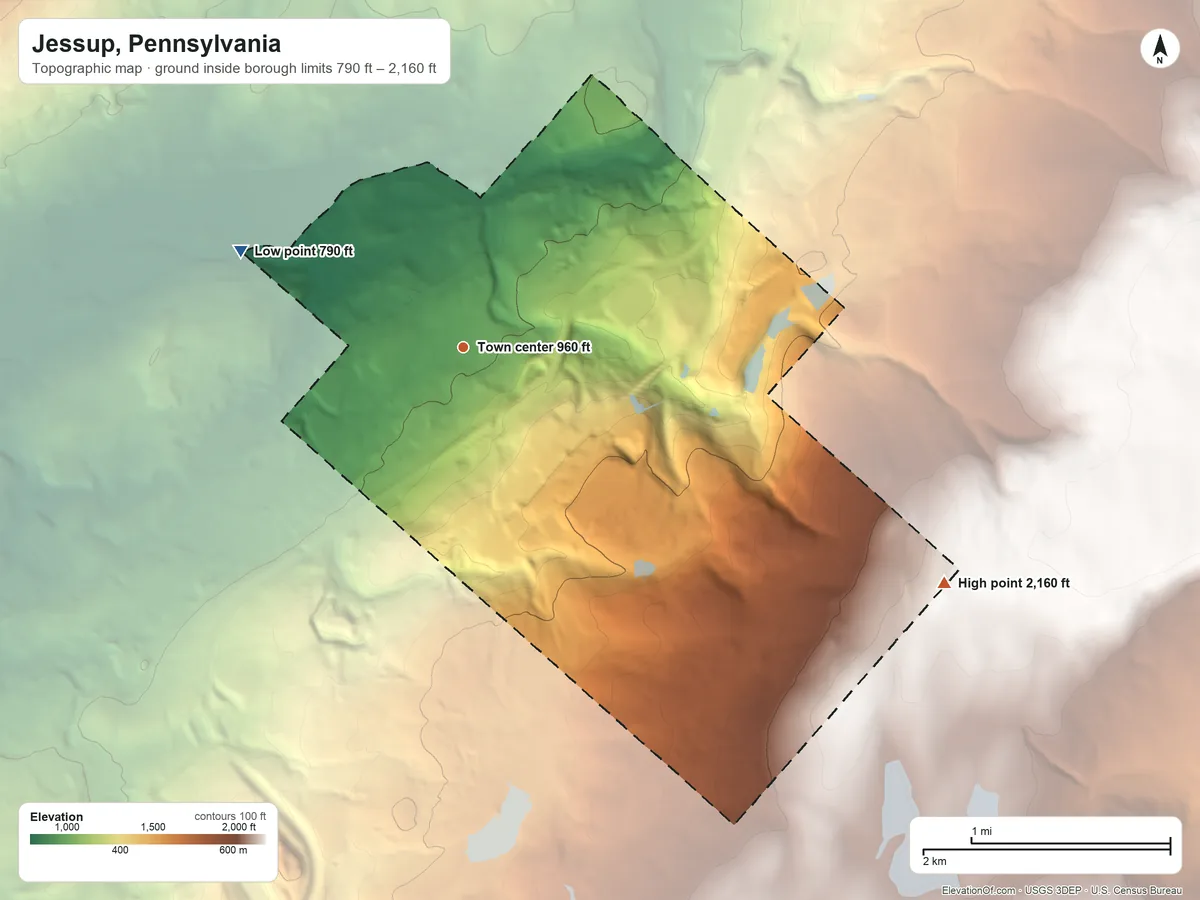 Topographic elevation map of Jessup, Pennsylvania, shaded from 790 ft on the northwest side to 2,160 ft on the southeast side