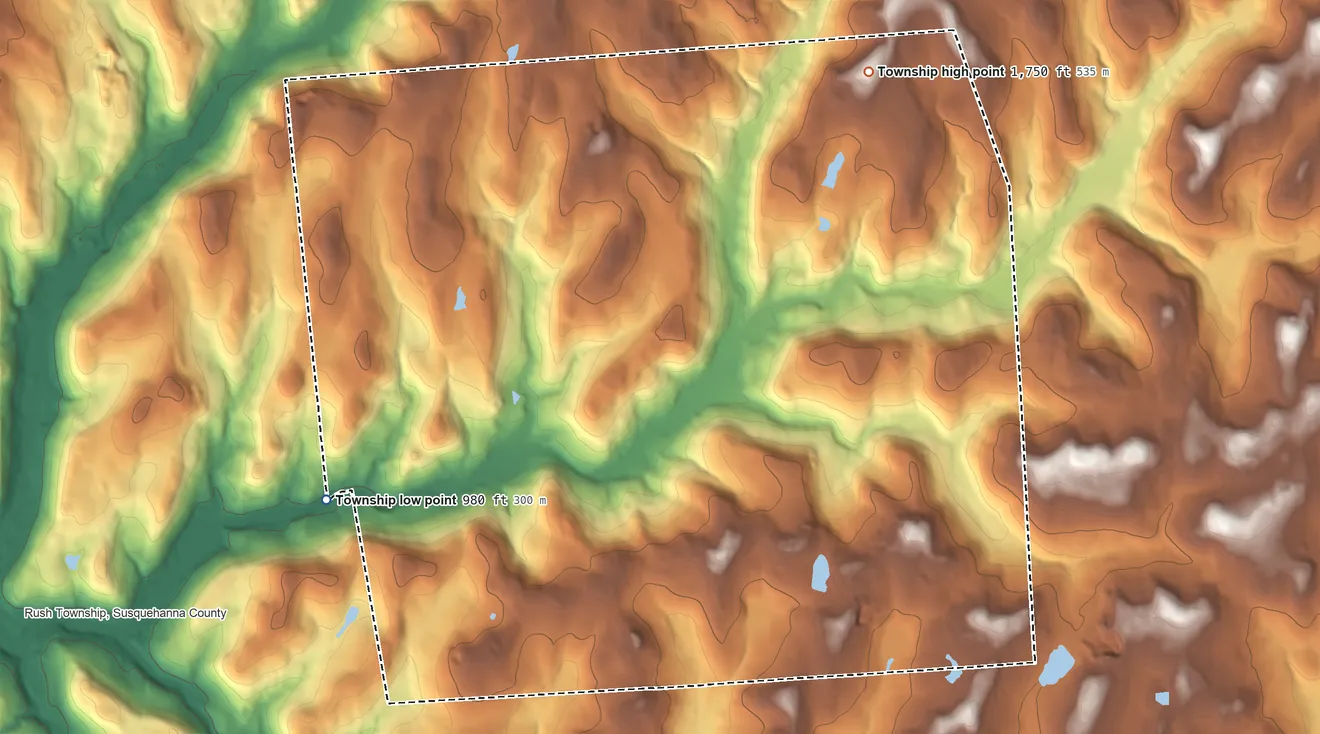 Topographic elevation map of Jessup Township, Pennsylvania, shaded from 980 ft on the southwest side to 1,750 ft on the northeast side
