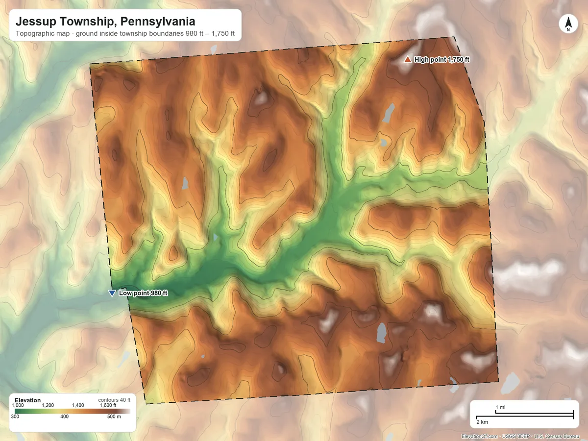 Topographic elevation map of Jessup Township, Pennsylvania, shaded from 980 ft on the southwest side to 1,750 ft on the northeast side