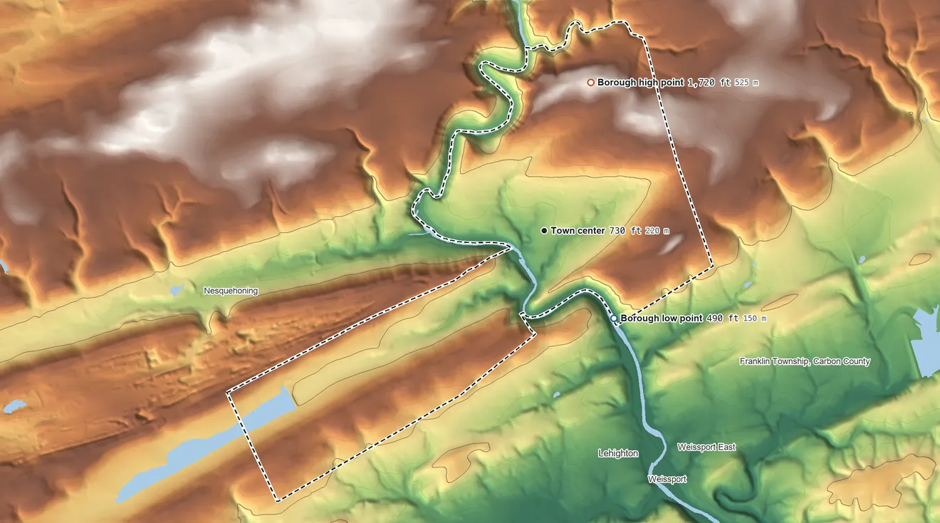 Topographic elevation map of Jim Thorpe, Pennsylvania, shaded from 490 ft on the southeast side to 1,720 ft on the north side