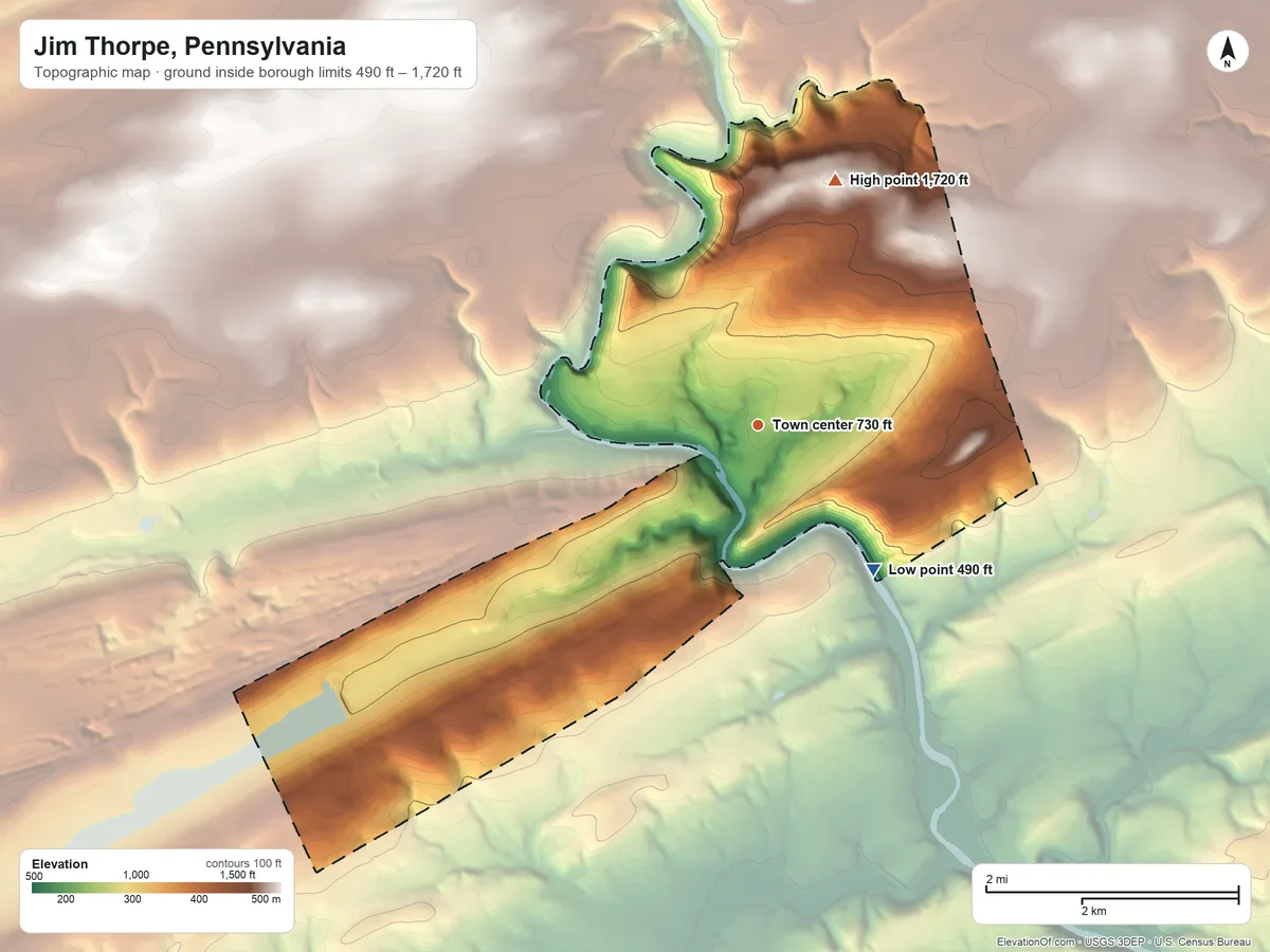 Topographic elevation map of Jim Thorpe, Pennsylvania, shaded from 490 ft on the southeast side to 1,720 ft on the north side