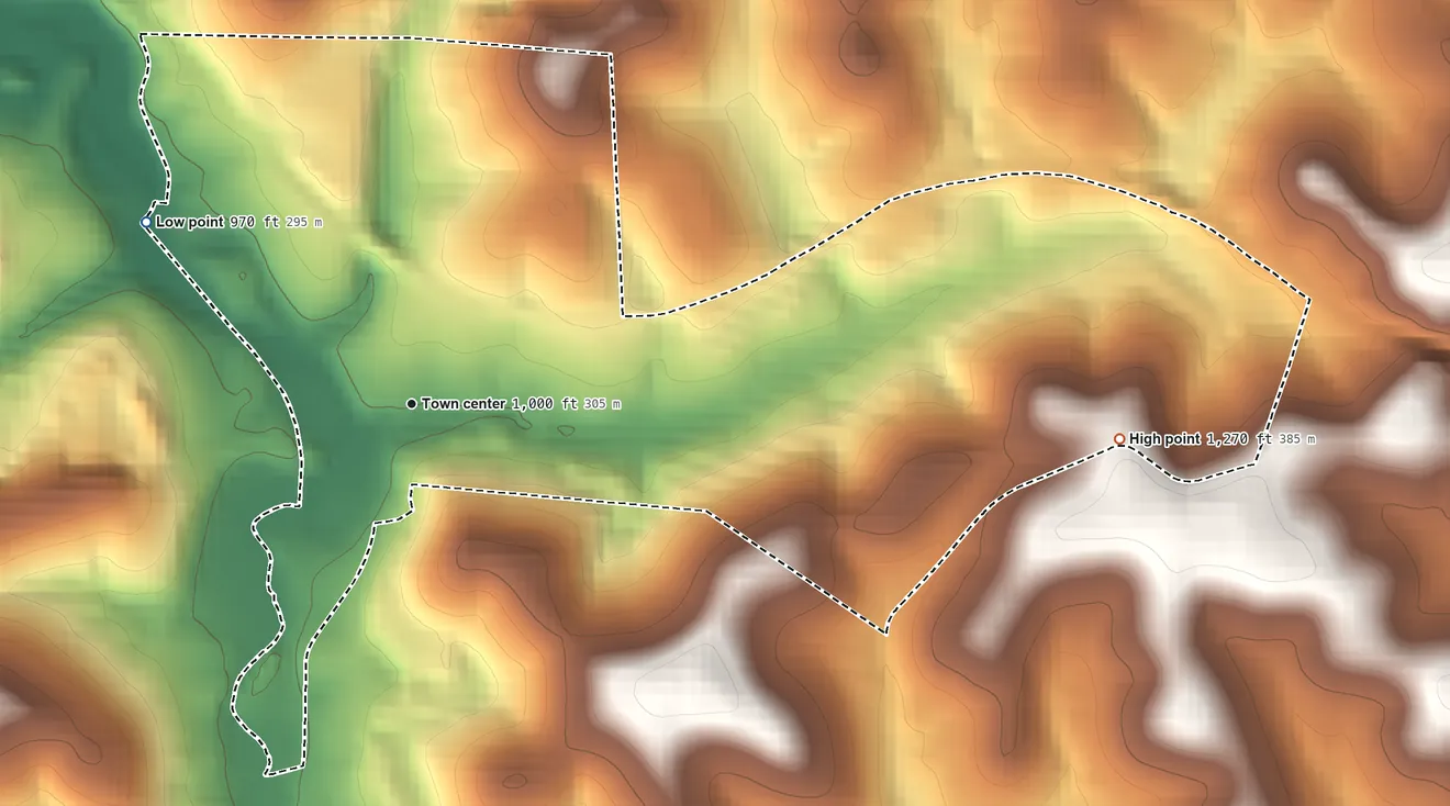 Topographic elevation map of Joffre, Pennsylvania, shaded from 970 ft on the northwest side to 1,270 ft on the east side